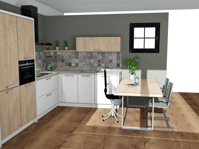Moderne matwitte keuken icm houtstructuur en betonlook blad