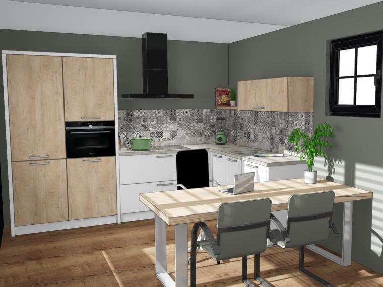 Moderne matwitte keuken icm houtstructuur en betonlook blad