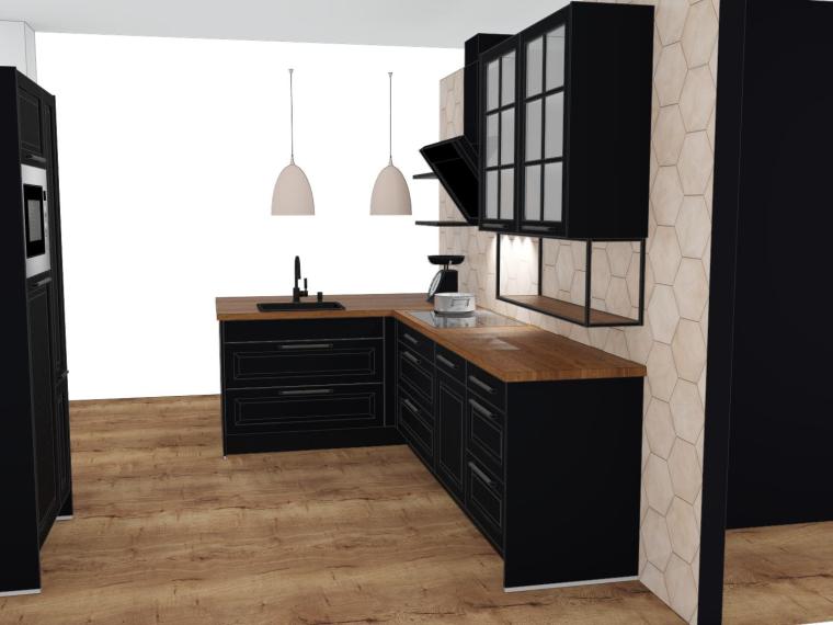 Landhuis keuken in modern mat zwart met houtlook blad.
