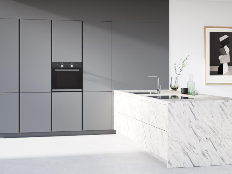 AV 2035 Perlgrau UV Lack / Carrara UV Lacklaminat Zeitlos schön mit Muldenlüfter und Insel