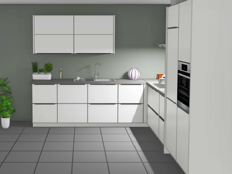 Weisse Mattglasfront satiniert mit seidengrau kombiniert ohne Elektrogeräte und Zubehör, Original verpackt, 285 x 378 cm