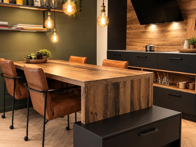Luxe showroomkeuken in mat zwart en warm hout