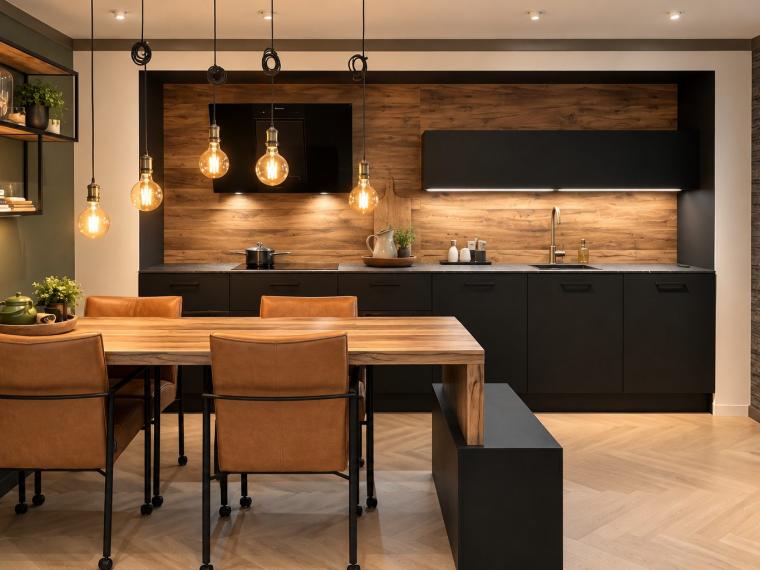 Luxe showroomkeuken in mat zwart en warm hout