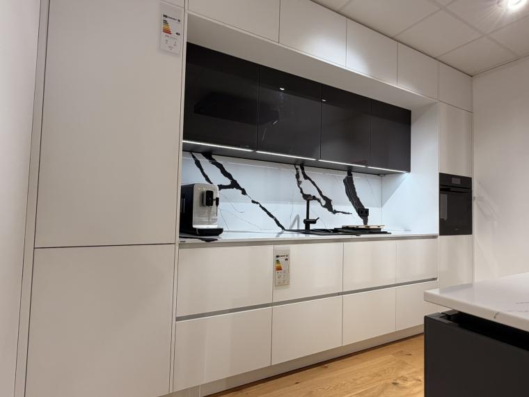 elementa Murano mit Glasfronten und Quarzsteinarbeitsplatte inkl. Geräten