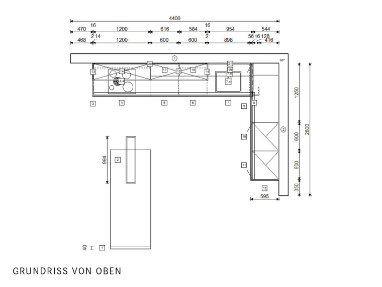 Leicht Einbauküche L-Form Schieferschwarz mit Tisch & Elektrogeräten - M2