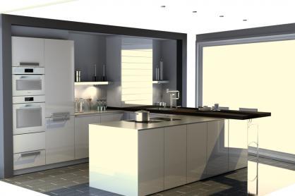 Moderne grifflose Küche in brillantweiss Hochglanzlack mit Miele Apparaten
