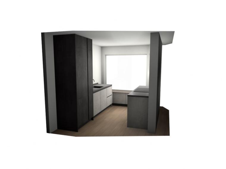 Nieuwe Keuken - 2 zijden, verbonden doormiddel van lage kasten om eventueel op te kunnen zitten.