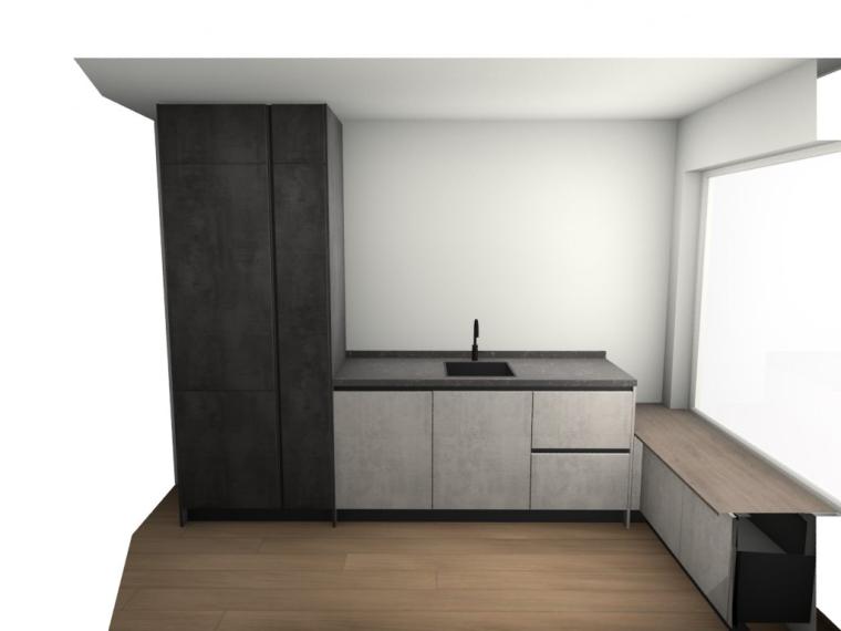 Nieuwe Keuken - 2 zijden, verbonden doormiddel van lage kasten om eventueel op te kunnen zitten.