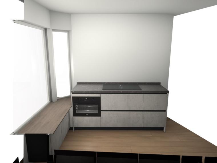 Nieuwe Keuken - 2 zijden, verbonden doormiddel van lage kasten om eventueel op te kunnen zitten.