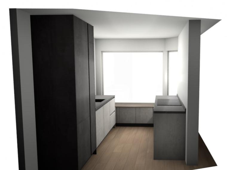 Nieuwe Keuken - 2 zijden, verbonden doormiddel van lage kasten om eventueel op te kunnen zitten.