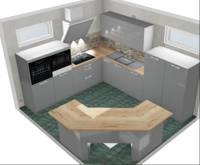Modern - elegant - gradlinig. Anthrazitfarbene Küche in Lackausführung mit heller Arbeitsplatte in Holz-Optik und Nischenrückwand in Naturstein-Optik