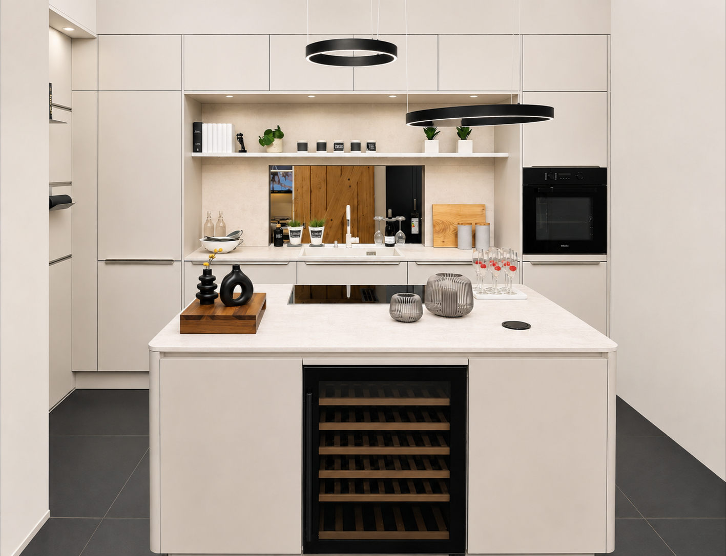Exklusive Häcker Ausstellungsküche in Steinbeige (2026) – Designhighlight mit Miele-Geräten & einzigartiger Rundinsel