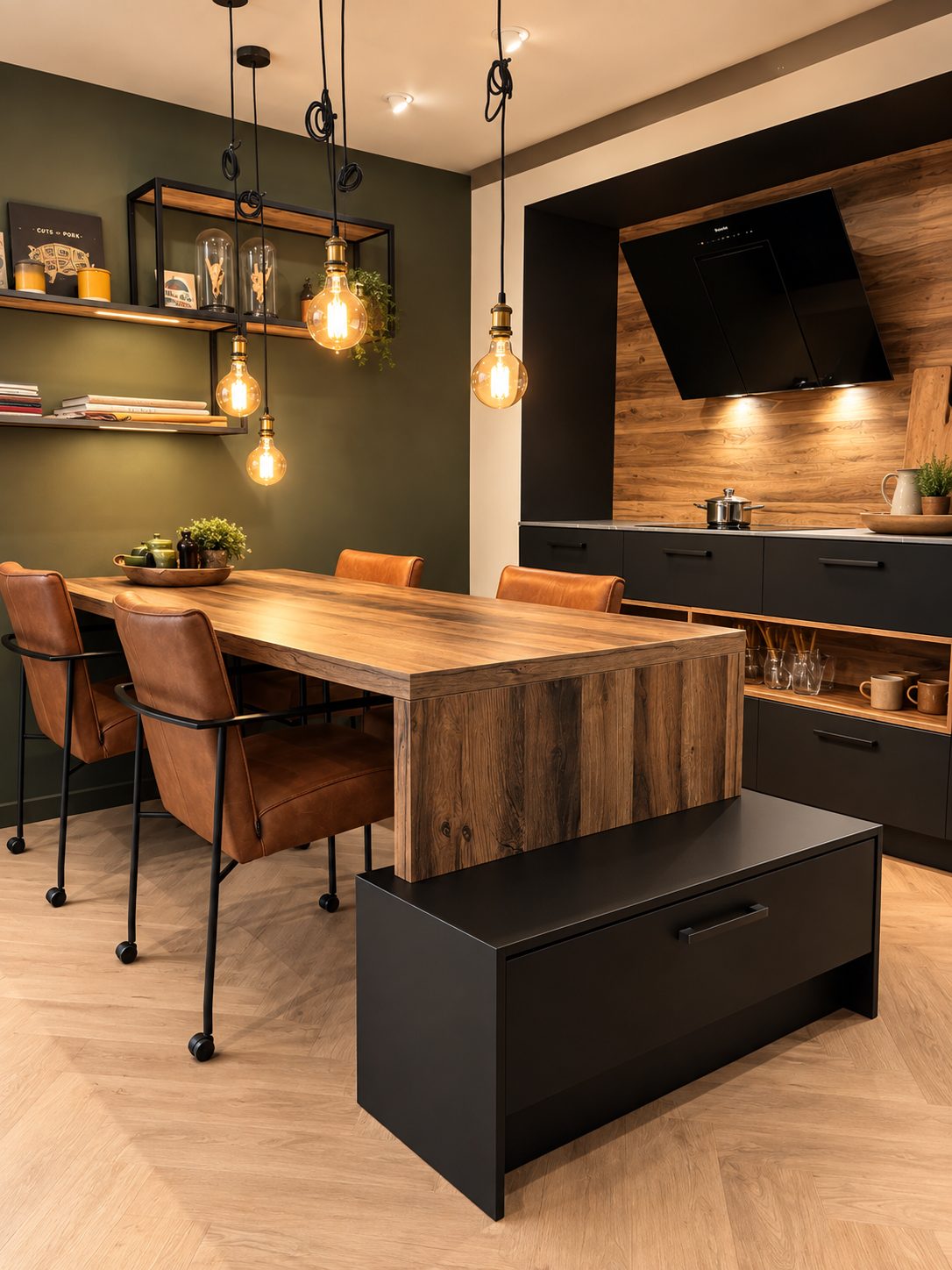 Luxe showroomkeuken in mat zwart en warm hout