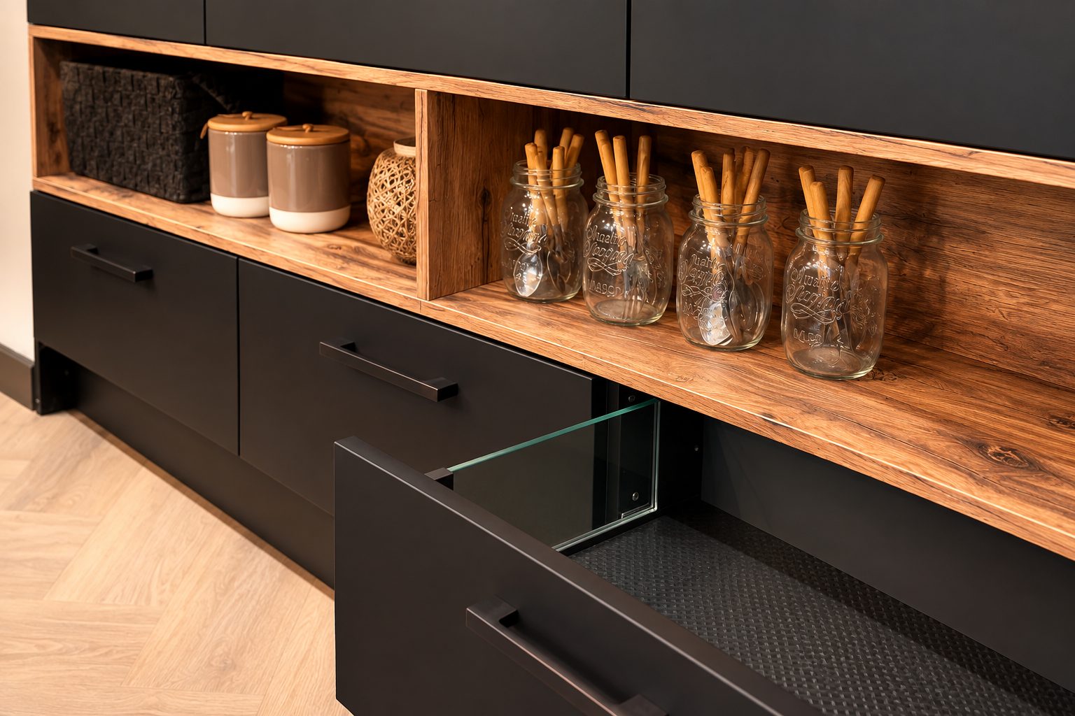 Luxe showroomkeuken in mat zwart en warm hout