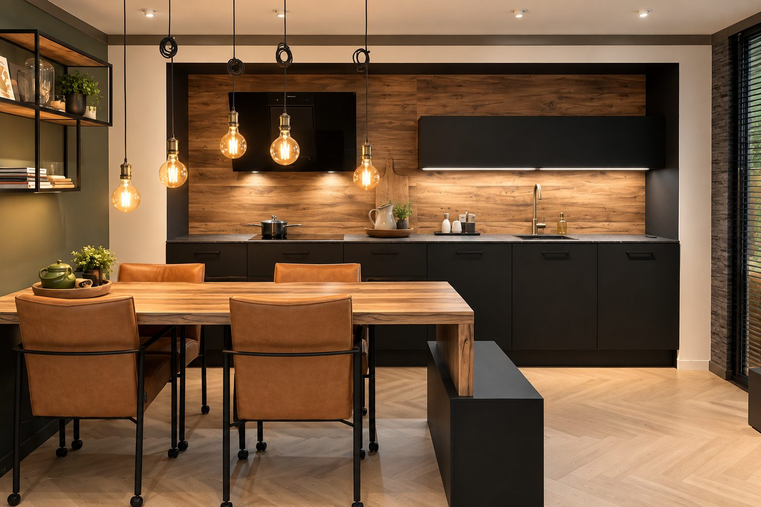 Luxe showroomkeuken in mat zwart en warm hout