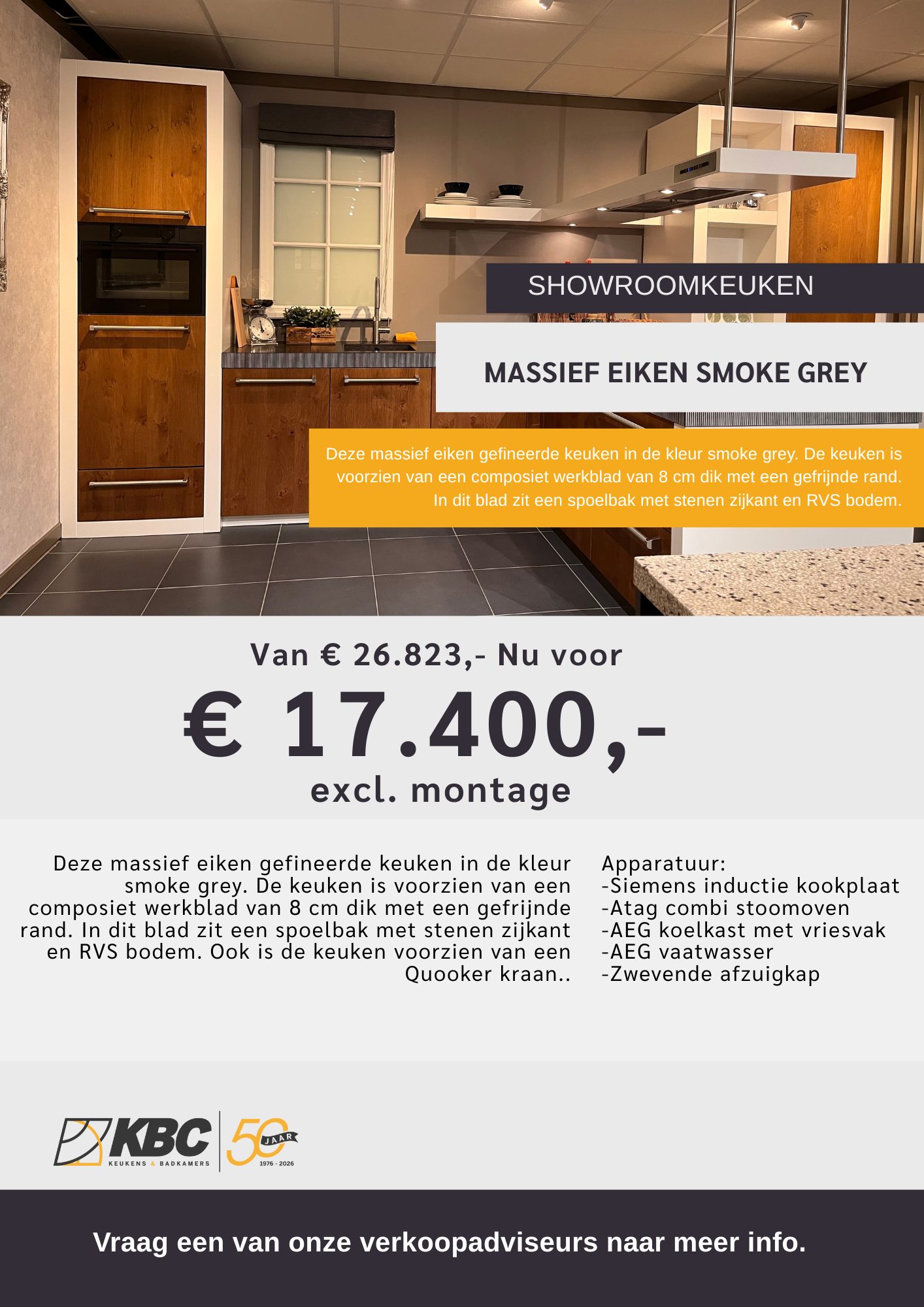 Showroomkeuken in massief eikenfineer, smoke grey