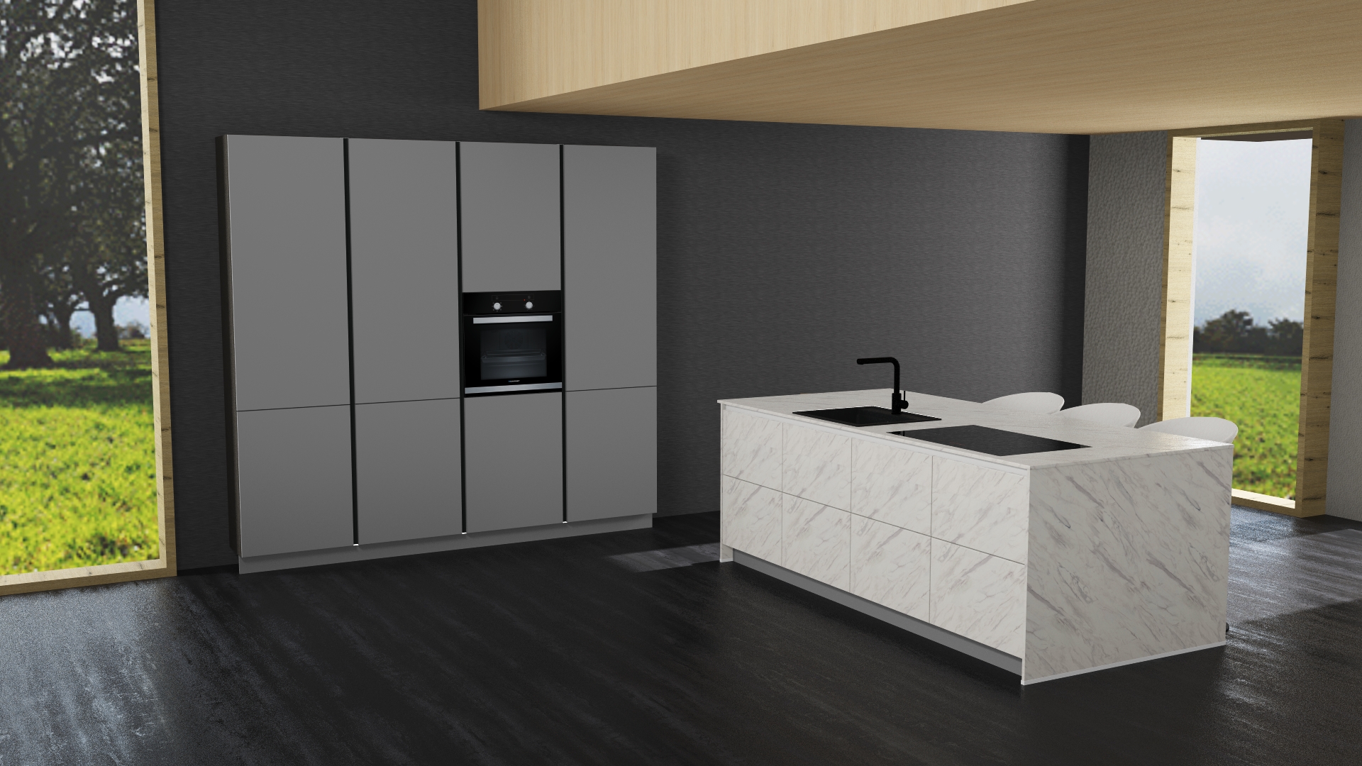 AV 2035 Perlgrau UV Lack / Carrara UV Lacklaminat Zeitlos schön mit Muldenlüfter und Insel
