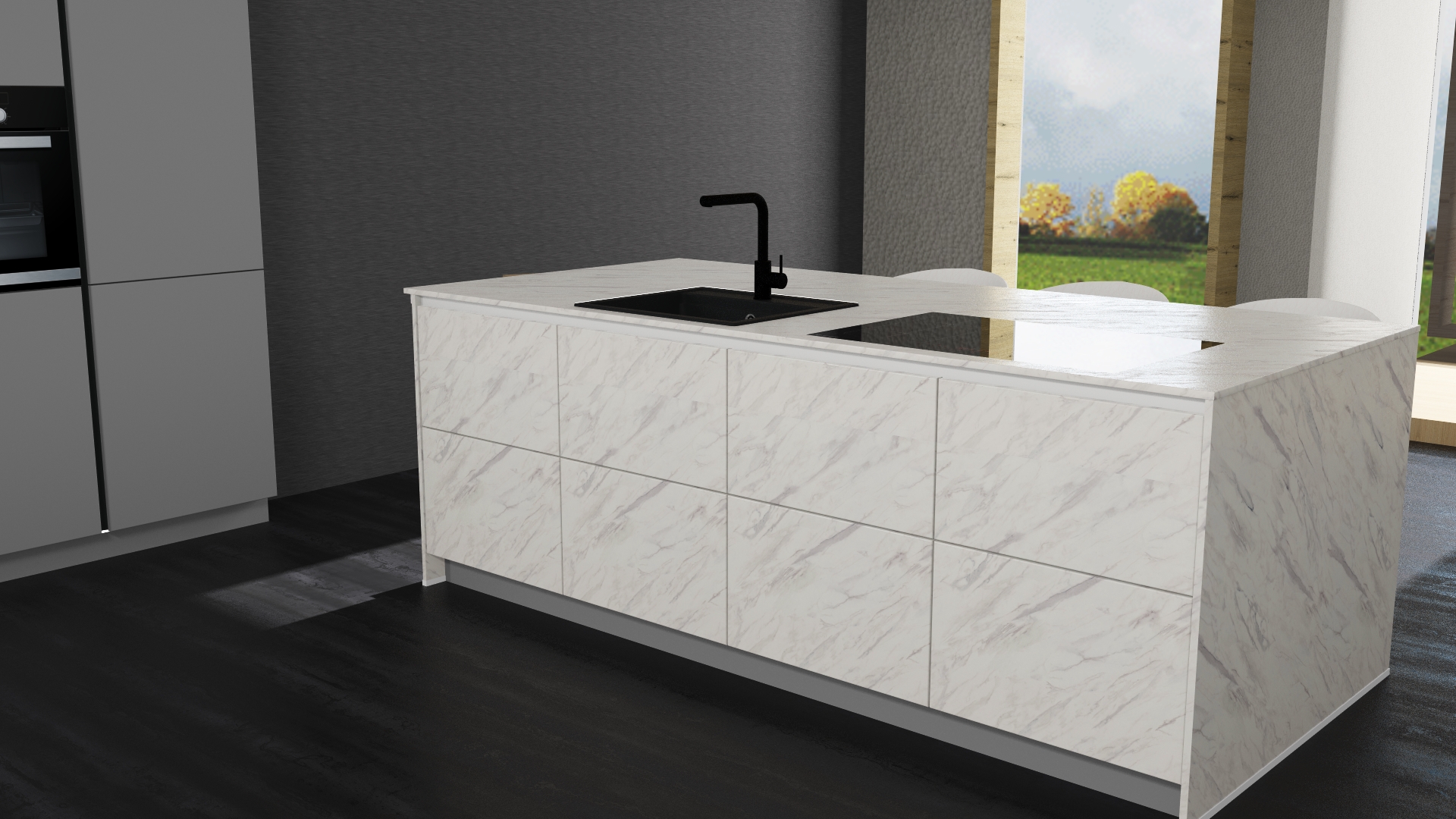 AV 2035 Perlgrau UV Lack / Carrara UV Lacklaminat Zeitlos schön mit Muldenlüfter und Insel