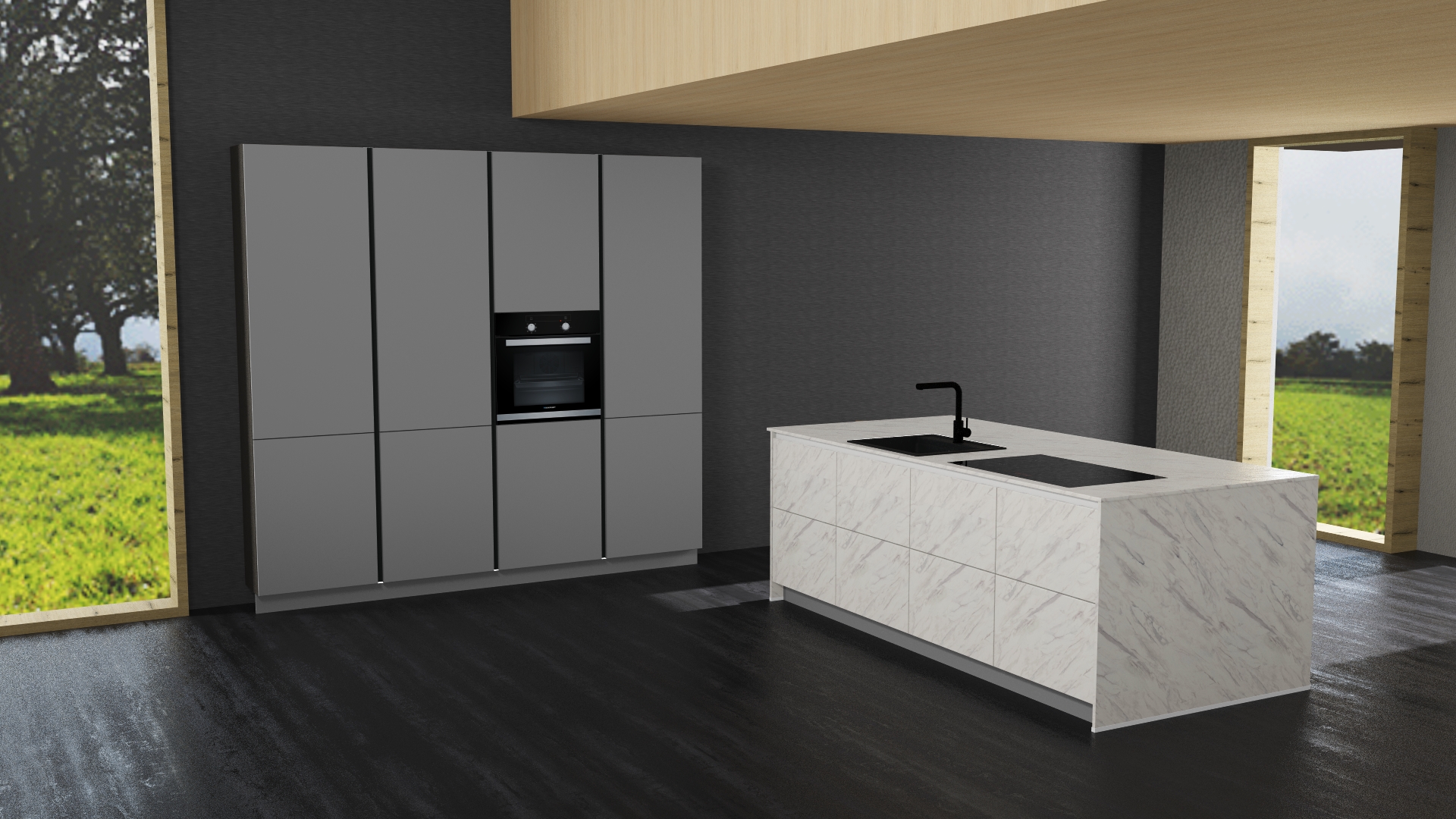 AV 2035 Perlgrau UV Lack / Carrara UV Lacklaminat Zeitlos schön mit Muldenlüfter und Insel