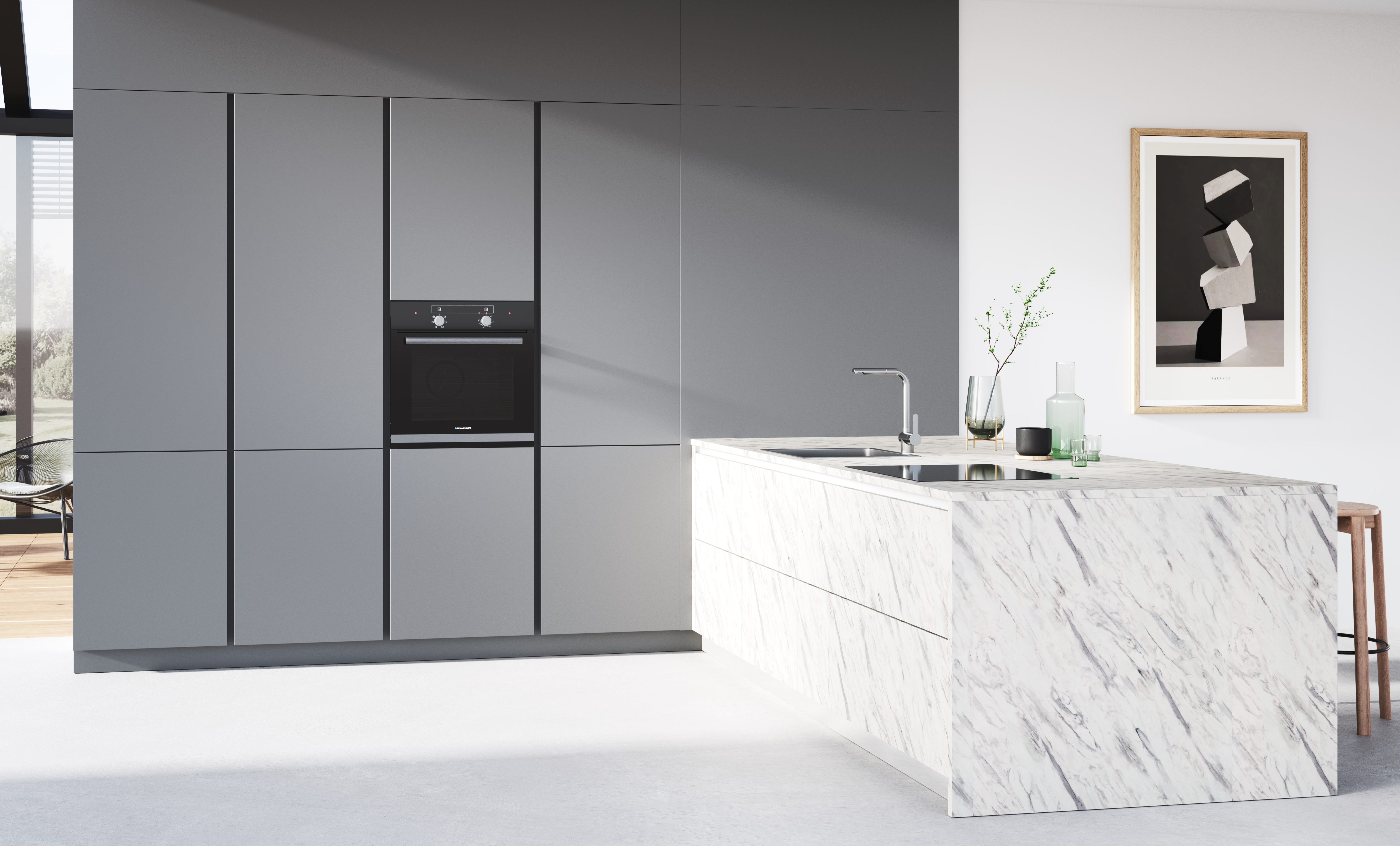 AV 2035 Perlgrau UV Lack / Carrara UV Lacklaminat Zeitlos schön mit Muldenlüfter und Insel