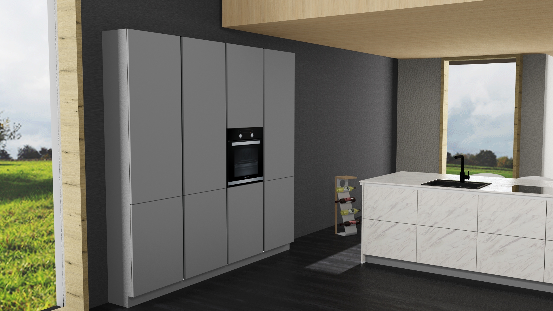 AV 2035 Perlgrau UV Lack / Carrara UV Lacklaminat Zeitlos schön mit Muldenlüfter und Insel