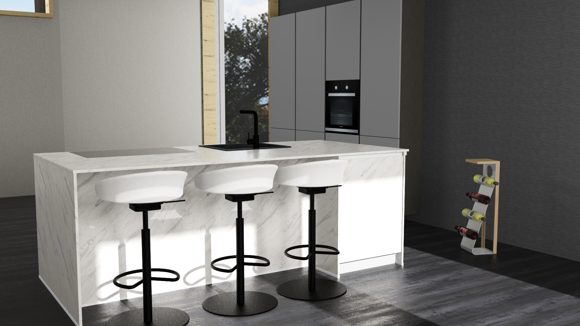 AV 2035 Perlgrau UV Lack / Carrara UV Lacklaminat Zeitlos schön mit Muldenlüfter und Insel